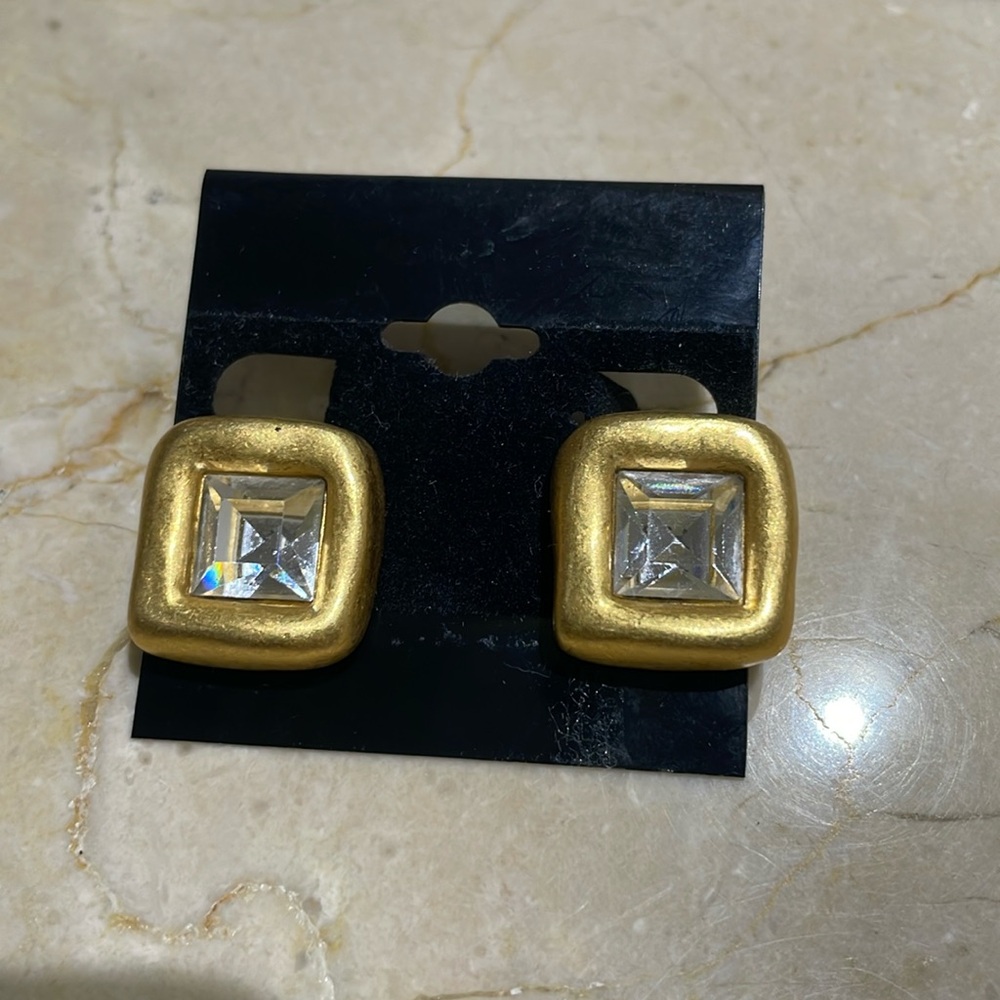 Vintage Givenchy Square shaped Crystal Gold-Tone Chip-on Earrings